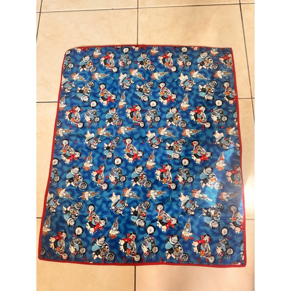 Vintage Handmade Blue Biker Pigs Hogs On Motorcycles Quilt Baby Kids 37x32